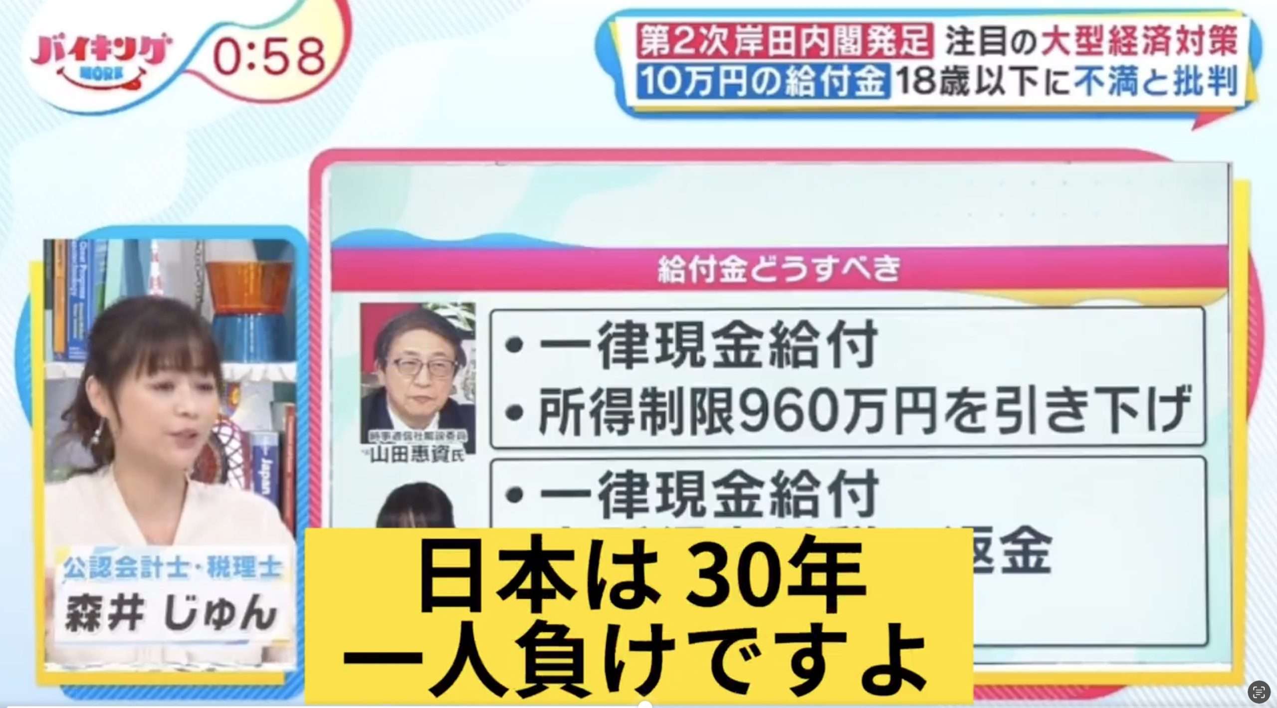 公認会計士・税理士 森井じゅん「国の財政と家計のお財布は全然違うんですね。国はお金を発行して皆を豊かにする事が出来る。私たちはスタグフレーションの中にいる。日本が30年一人負けしてきたのは、経済政策が間違っているから。消費税は廃止、社会保険料減免、皆の使えるお金を増やして、経済をまわす事が必要」